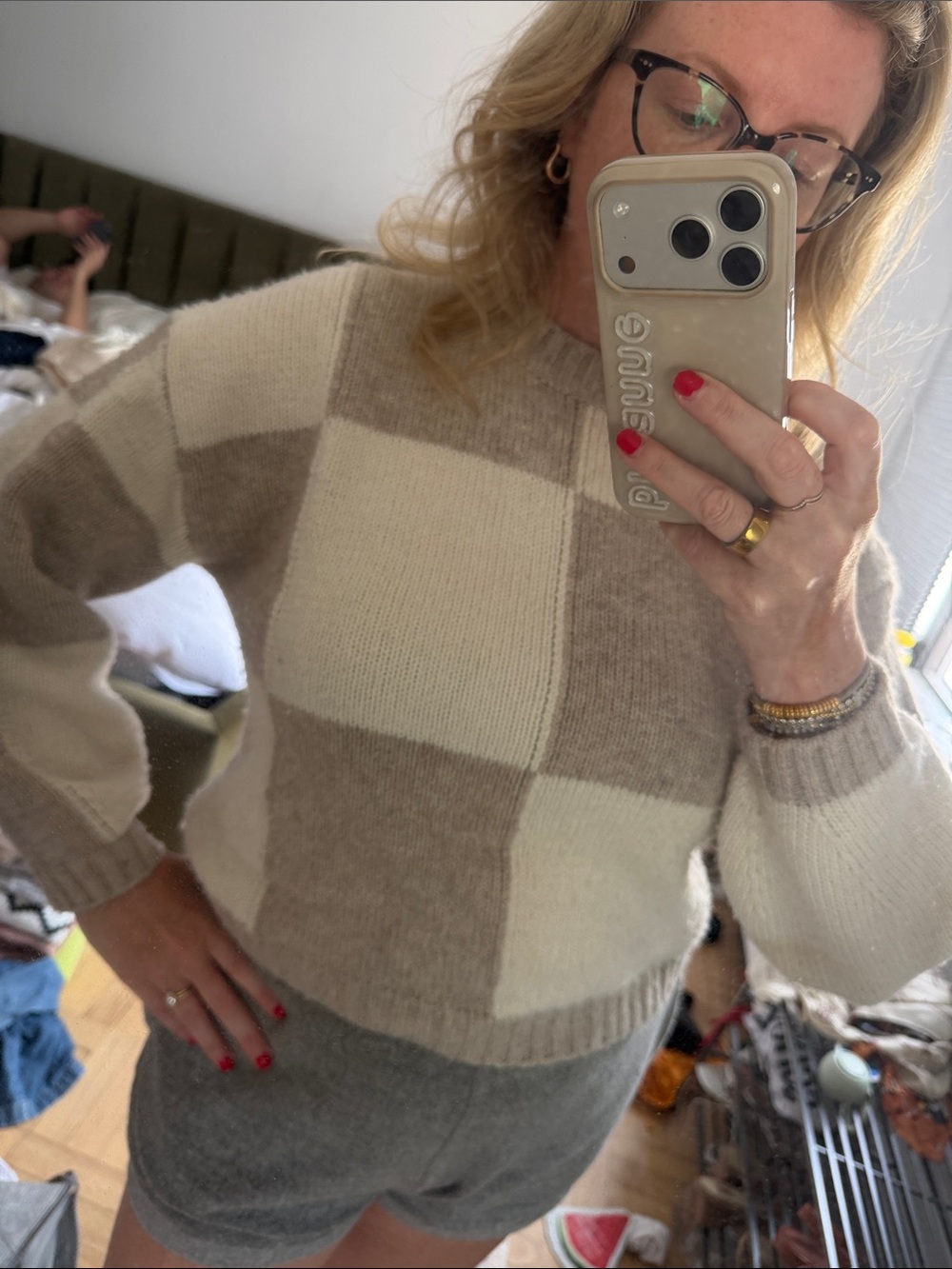Splendid Cream and Beige Check Knit Sweater